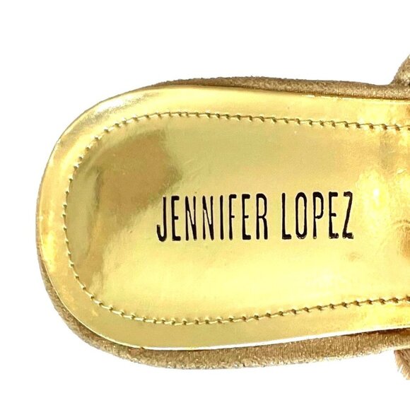 Jennifer Lopez Sasha Bling Champagne Suede Slingback Gold Stud Peep Toe Heels-9M - Picture 12 of 15